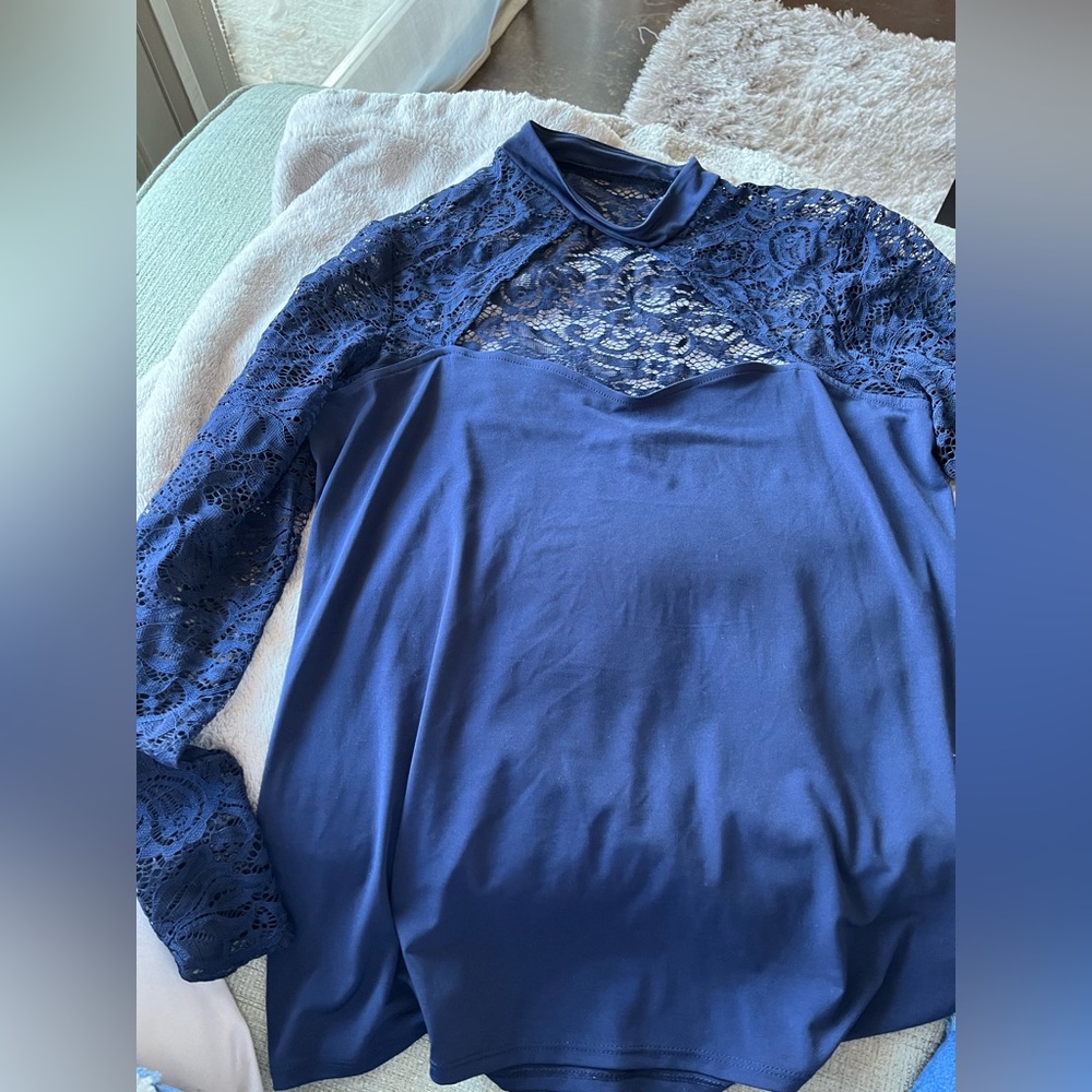 Express Blue lace cutout high neck long sleeve dressy shirt large